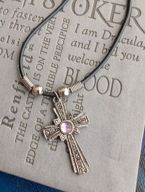 Source Unknown Silver Cross Necklace with Iridescent Stone and Black Cord